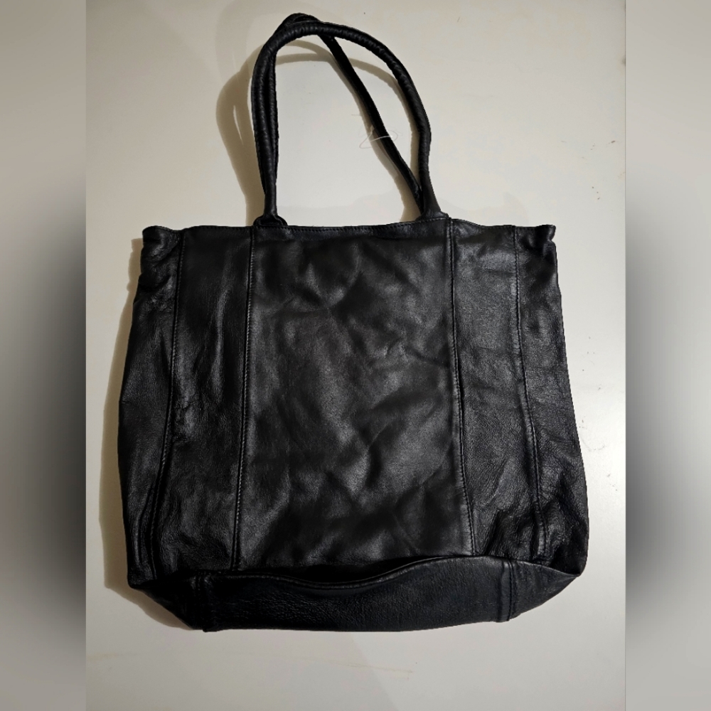 Black leather tote bag